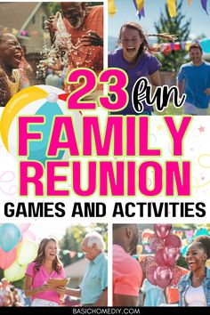 the family reunion games and activities are featured in this postcard for each family member