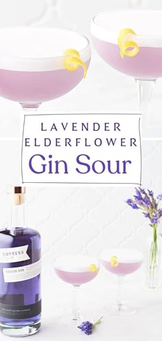 lavender elderflower gin sour cocktail in coupe glasses