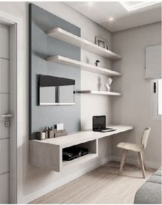 a room with a bed, desk and shelves on the wall next to a window