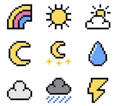 pixelated weather icons in different colors and sizes, including the sun, clouds, raindrop