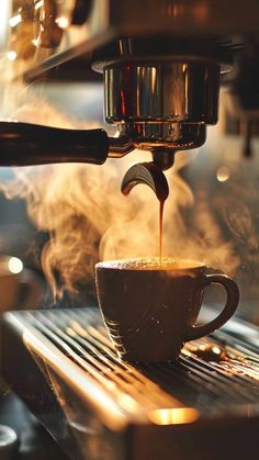 coffee being poured into a cup on top of an espresso machine with steam rising from it