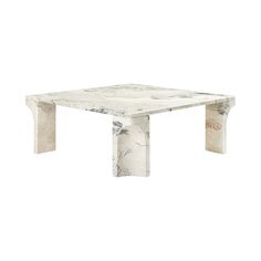 a white marble table with two legs and a square shaped design on the top, in front of a white background