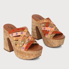 The Free People Lisbon Sandbar Multi Suede Leather High Heel Platform Mules Are A Boho Babes' Dream Come True! Smooth Genuine Suede Leather Shapes These Sandals Have A Slide-On Design And Woven Multicolor Suede Straps (In Shades Of Brown And Pink) Accented With Fun Floral And Heart Embroidery. A Chunky 2" Cork Platform And 4.75"Heel Lend A '70s Vibe That Will Never Go Out Of Style! Brand New /Never Worn/ No Box Size: 8.5 (39) Spring Orange Leather Heels, Orange Almond Toe Heels For Summer, Leather Platform Heels For Vacation, Suede Clogs With Platform And Open Heel, Free People Bae Platform Mules, Free People Ruby Platform Mules, Platform Slip-on Suede Sandals, Orange Leather Platform Heels, Brown Suede Platform Sandals