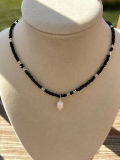 Elegant choker with silver and black seed beads and freshwater pearl drop accent bead. Elegant Choker, Seed Bead Choker, Bead Choker, Crystal Lake, Black Seed, Choker Necklaces, Beaded Choker, Black And Silver, Pearl Drop