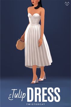 a woman in a white dress holding a purse and wearing high heeled shoes with the caption tulip dress