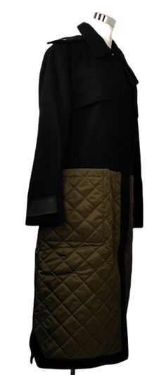 Made of 80% Wool - 20% Nylon: Style Pea Coat: Jacket/Coat Length: Long; Color Black: Insulation Material Wool: Style Pea Coat; Measurements Size IT 42: Shoulder 18.5: Chest 22.87: Sleeve Length 23 5/8: Total Length 47.5 Inches; Comes with tags; Made in Italy. Black Outdoor Outerwear With Patch Pockets, Hooded Patchwork Outerwear For Work, Hooded Black Outerwear With Patch Pockets, Black Hooded Outerwear With Patch Pockets, Nylon Outerwear With Patch Pockets For Work, Military Style Black Outerwear For Cold Weather, Military Black Outerwear For Cold Weather, Black Military Style Outerwear For Cold Weather, Black Gabardine Long Coat