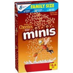 cheerios minis cereal box is shown with the image of a cartoon character on it