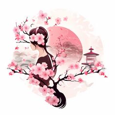 Cherry Blossom Samurai, Cherry Blossom Tree Illustration, Sakura Flower Illustration, Sakura Flower Sticker, Sakura Illustration Flower, Blossom Tree Tattoo, Cherry Blossom Theme, Traditional Japanese Kimono, Adobe Illustrator Graphic Design