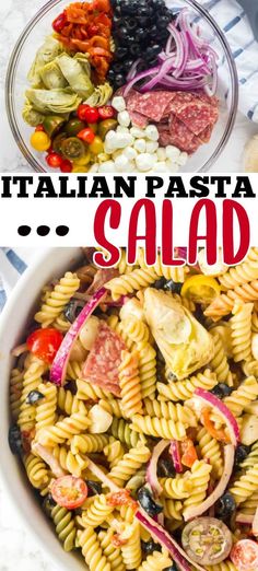 pasta salad in a bowl with the title above it