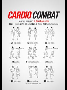 the cardio combat workout poster shows how to do it in 10 minutes or less