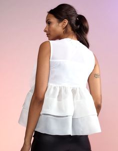 Chloe Organza Flower Top – Cynthia Rowley Sleeveless Organza Tops For Spring, Elegant Sleeveless Organza Top, Feminine Organza Tops For Summer, Feminine Summer Organza Tops, Summer Feminine Organza Tops, Sleeveless Organza Party Tops, Summer Organza Tops With Ruffles, Chic White Organza Tops, Feminine Sheer Organza Top