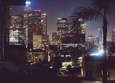 the city skyline is lit up at night with palm trees and buildings in the foreground