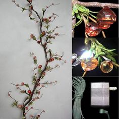 two pictures one with flowers and the other with glass balls hanging from it's branches