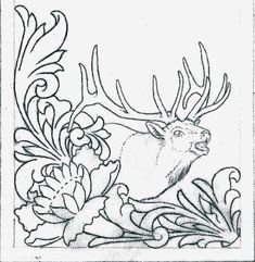 a drawing of a deer with antlers and flowers on it's back side