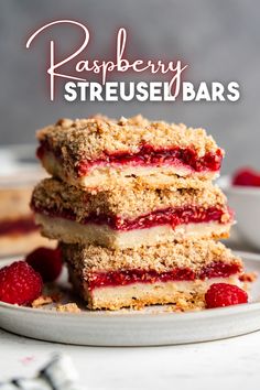 Three raspberry streusel dessert bars stacked on a plate. Streusel Dessert, Raspberry Crumble Bars, Cinnamon Streusel Topping, Raspberry Pie Filling, Chocolate Chip Shortbread, Portable Dessert, Easy Dessert Bars