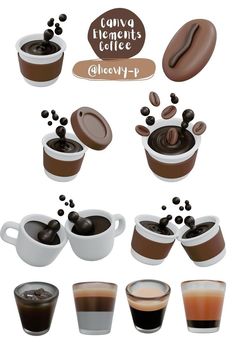 coffee cups and saucers with chocolate toppings are shown in this graphic art work