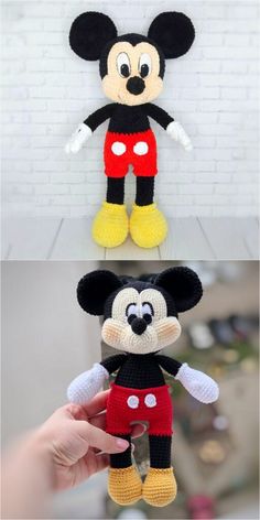 crocheted mickey mouse stuffed animal is shown in three different positions, including the head and tail