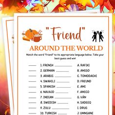 a poster with the words friend around the world in orange and yellow leaves on it