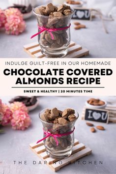 chocolate covered almonds in small glass bowls