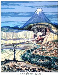 the front cover of an illustrated book with mountains in the background and a river running through it