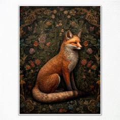 a painting of a fox sitting in front of a floral background