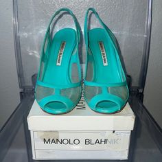 Manolo Blachnik Net/Teal Leather Heels, Size 37, Heel Is 4”- 10cm. Comes In Box. Used Several Times, Great Condition, Very Comfortable. Limited Edition With Netting Design. Minor Signs Or Wear On Heels, Barely Seen When Wearing Them. Manolo Blahnik Blue, Teal Leather, Blahnik Shoes, Manolo Blahnik Shoes, Manolo Blahnik, Leather Heels, Shoes Women Heels, Shoes Heels, Limited Edition