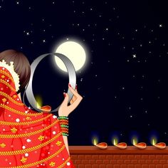 a woman in a red sari looking at the moon with her hand on it