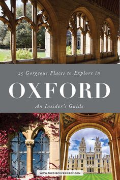 the front cover of an illustrated guide to oxford, england with images of buildings and trees