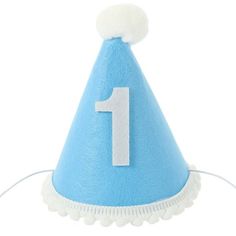 a blue party hat with the number one on it