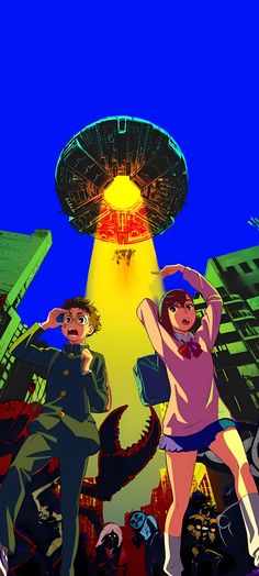 two people are standing in front of a large object with an alien like structure behind them