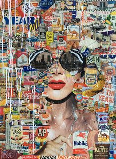 a collage of beer cans and woman's face with sunglasses on her head