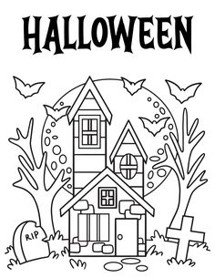 a halloween house with bats and tombstones in the background, coloring pages for kids