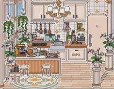 an image of a kitchen scene with pots and pans on the stove top, potted plants in front of the oven