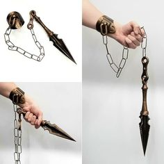 two pictures of different types of chains with knives attached to them, one being held by someone's hand while the other is holding an object