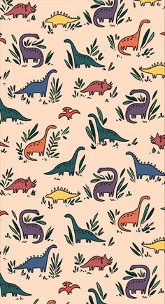 an image of dinosaurs and plants on a pink background