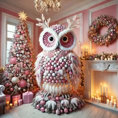 an owl statue sitting on top of a wooden floor in front of christmas trees and candles