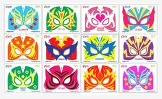 six masks with different colors and designs on them, all in the same design scheme