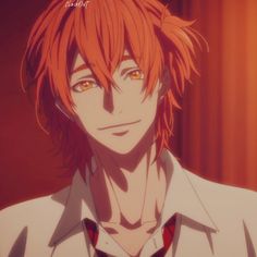 an anime character with red hair wearing a white shirt and tie, looking at the camera