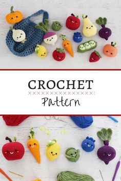 the crochet pattern has many different fruits and vegetables on it