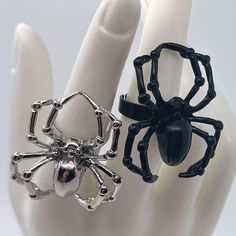 It's the spook spookiest time of the year... time for spiders on fingers and rings up in we don't know exactly where we're going with this, but these rings are spooky and fun and cool and you probably need one or two, or maybe you want to bling out with ten of them. Available in silver and black. Spider Ring, Spiders, Time Of The Year, The Year, Silver Rings, Ring, Silver, Black