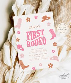 First Rodeo Invitation Girl 1st Birthday Party Themes, Babies First Rodeo Birthday, Baby First Rodeo Party, First Rodeo Birthday Invitations, Western Girl Birthday Party, Girl First Rodeo Birthday, 1st Rodeo Birthday Party Girl