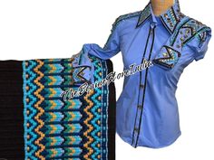 a woman's blue shirt and black skirt with beading on the collar, along with a crochet bag