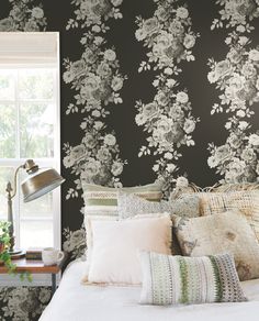 Due to the overwhelming success of our first collection, we invite you to enjoy this new offering of more great classic designs from Magnolia Home by Joanna Gaines, now on Premium Peel + Stick. York Wallcoverings 34.2-sq ft White Non-woven Floral Self-adhesive Peel and Stick Wallpaper | PSW1156RL Black Floral Wallpaper, Stripped Wallpaper, Black White Wallpaper, Cabbage Rose, White Magnolia, Cottage Bedroom, York Wallcoverings, Black And White Wallpaper, Magnolia Homes