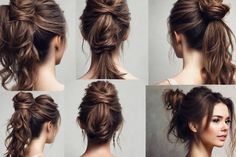 four different views of a woman's hair in various positions, including the top and bottom