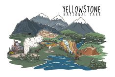 the yellowstone national park is depicted in this hand drawn illustration