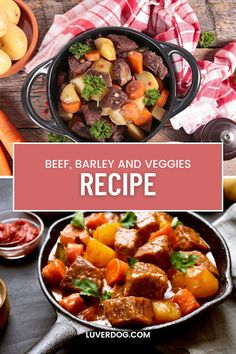 beef, barley and veggies recipe in a skillet