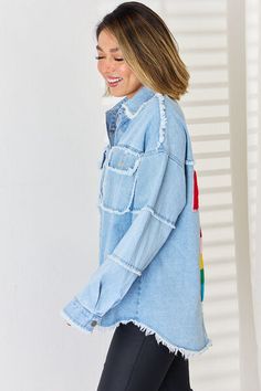 Features: Raw hem, Washed, Pocketed Stretch: No stretch Material composition: 90% cotton 10% polyester Care instructions: Machine wash cold. Tumble dry low. Imported Product measurements:S:Top Length 29.13 in, Sleeve Length 20.47 in, Bust 45.67 inM:Top Length 29.53 in, Sleeve Length 20.87 in, Bust 47.24 inL:Top Length 29.92 in, Sleeve Length 21.26 in, Bust 48.82 in About Us: Welcome to Lizzie's! We hope you find unique pieces you'll love for years! We've been in the fashion business since 2016. Cotton Denim Top With Frayed Hem And Relaxed Fit, Medium Wash Cotton Denim Top, Denim Blue Cotton Top With Frayed Hem, Medium Wash Cotton Top With Frayed Hem, Trendy Relaxed Fit Cotton Denim Top, Medium Wash Denim Patchwork Top, Blue Cotton Denim Top With Patchwork, Blue Patchwork Cotton Denim Top, Blue Cotton Patchwork Denim Top