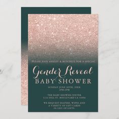 a blue and gold glitter baby shower card with the words, gather reveal baby shower