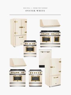 four stoves and two ovens are shown with the words oyster white on them