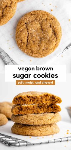 vegan brown sugar cookies stacked on top of each other with text overlay that reads, vegan brown sugar cookies soft, moist and chewy